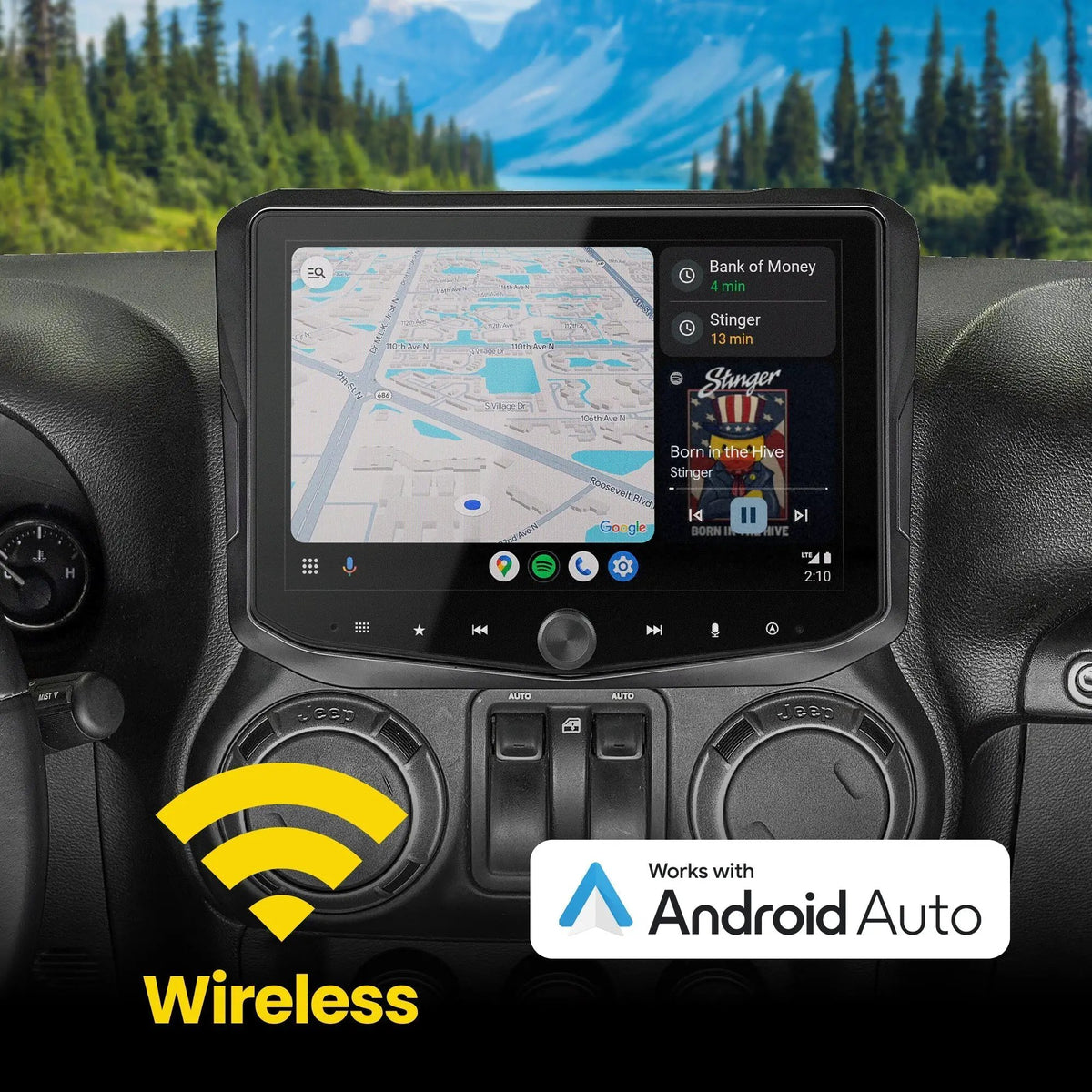 Installed Stinger touchscreen showing maps and music in a wireless Android Auto graphic