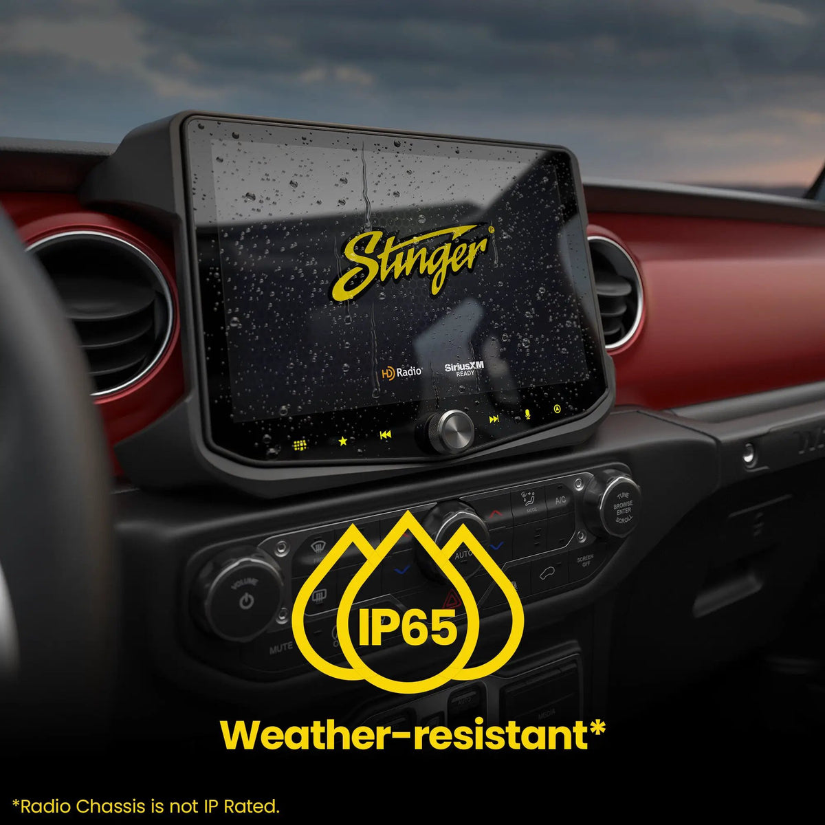 Water droplets on a Stinger display illustrating IP65 weather resistance; the graphic notes the radio chassis is not IP rated