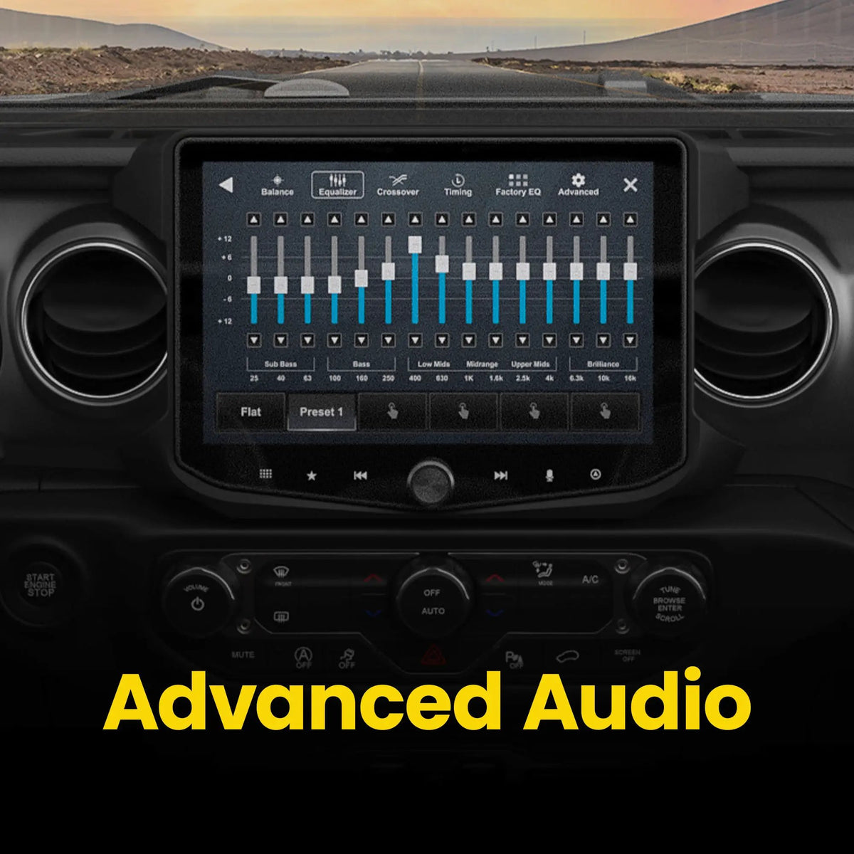 Installed Stinger touchscreen showing its multiband audio equalizer and preset controls