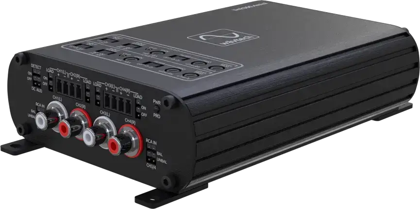 Wāvtech amplifier, angled view showing four RCA inputs and top adjustment controls