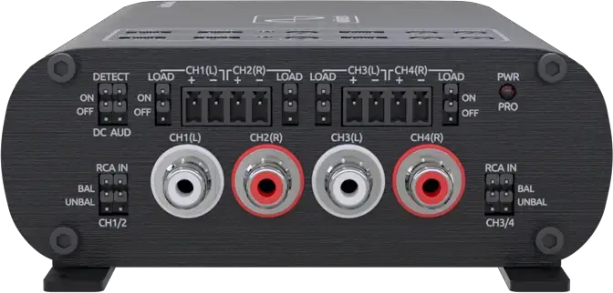 Wāvtech link300.4mini amplifier input panel with four RCA sockets, high-level connectors, and switches