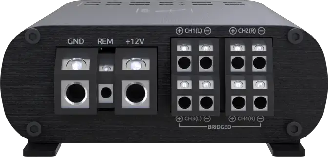 Wāvtech link300.4mini terminal panel with power connections and four-channel speaker outputs.
