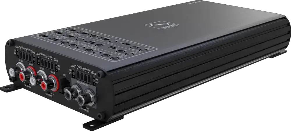 Wāvtech amplifier, angled view of the input panel, RCA sockets and top controls