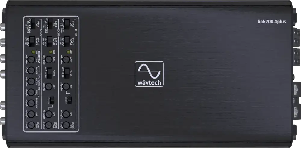 Wāvtech link700.4plus amplifier top view with adjustment controls
