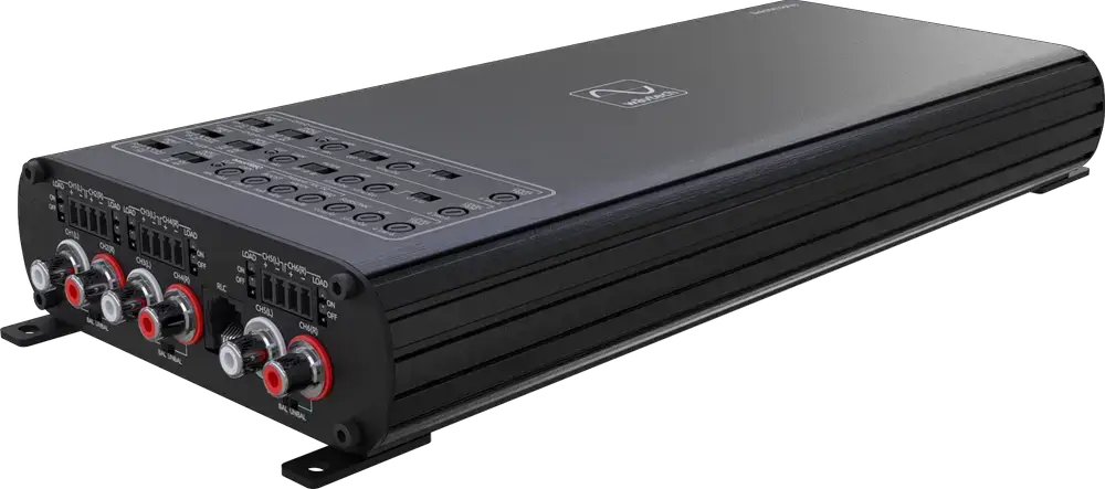 Wāvtech amplifier, angled view with multiple RCA inputs and rows of top adjustment controls