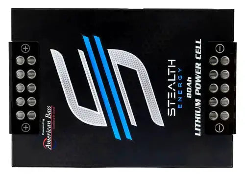 Top view of a Stealth Energy 80Ah lithium battery with positive and negative terminal blocks.