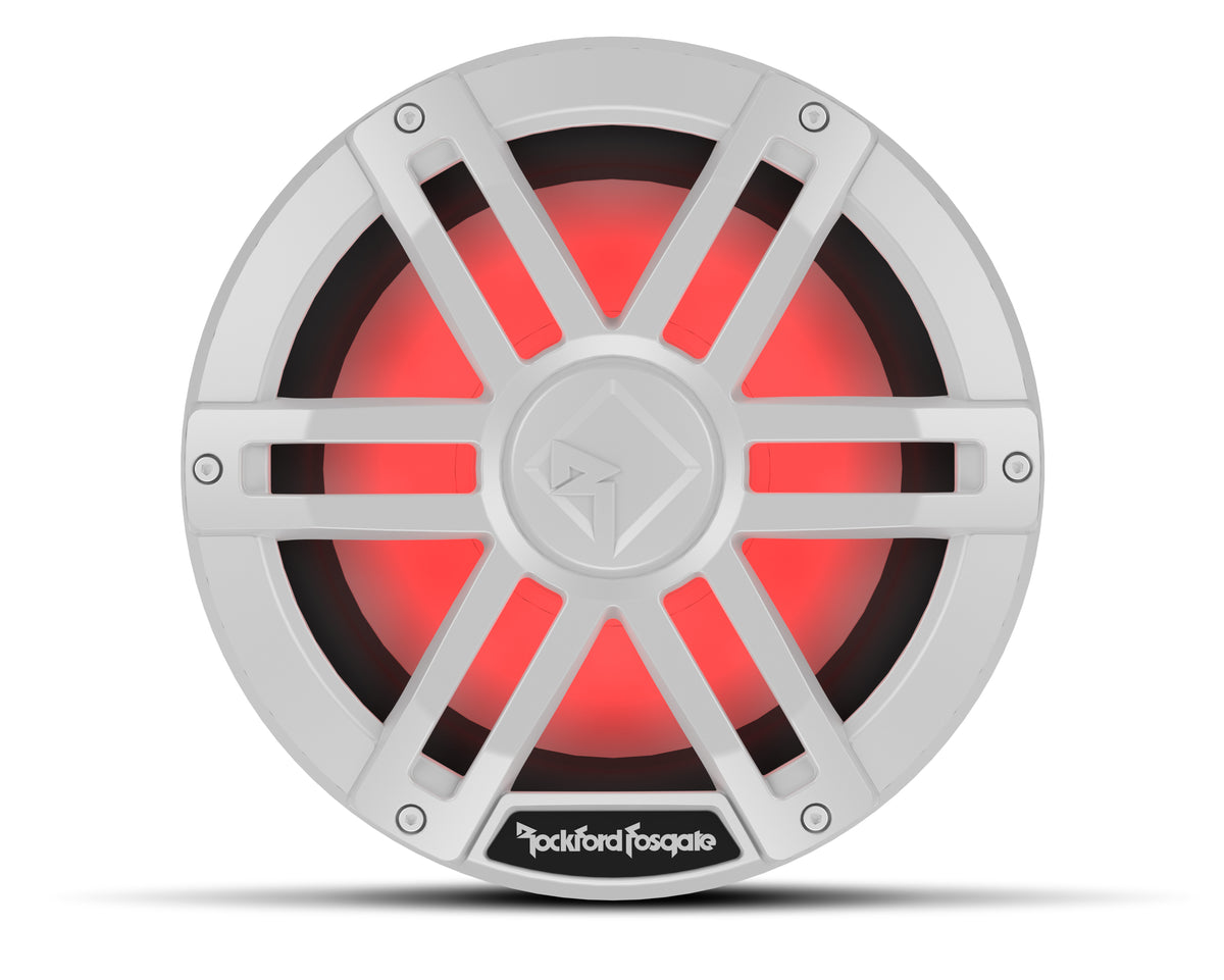 White Rockford Fosgate M1D2-10 10-inch marine subwoofer with RGB lighting
