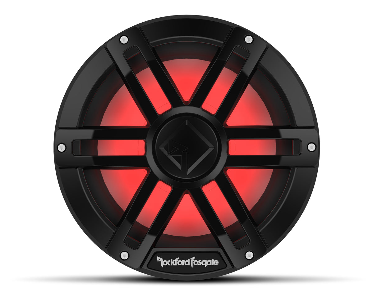 Black Rockford Fosgate M1D2-10B 10-inch marine subwoofer with RGB lighting