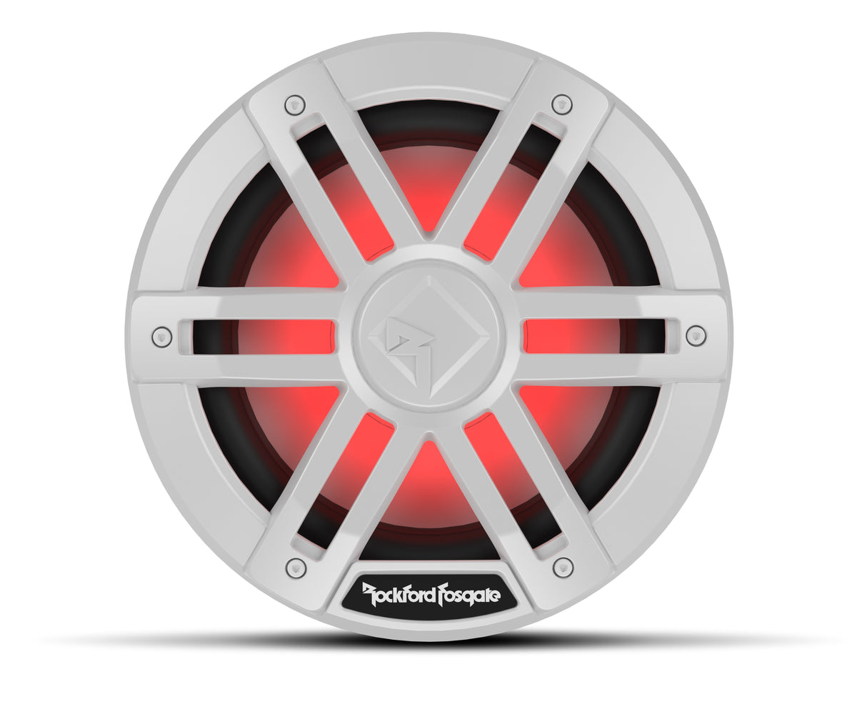 White Rockford Fosgate M1D2-8 8-inch marine subwoofer with RGB lighting