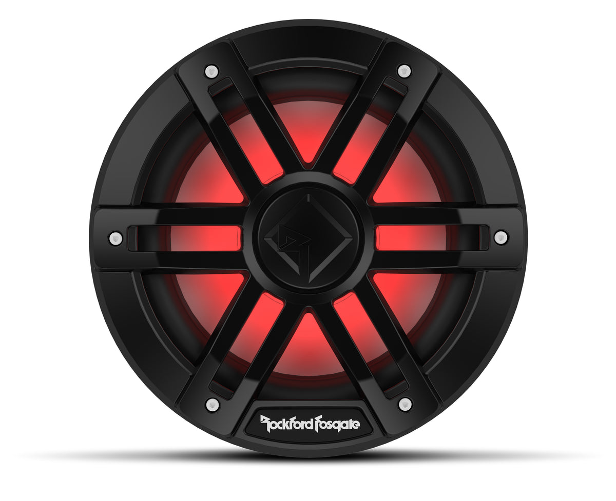 Black Rockford Fosgate M1D2-8B 8-inch marine subwoofer with RGB lighting