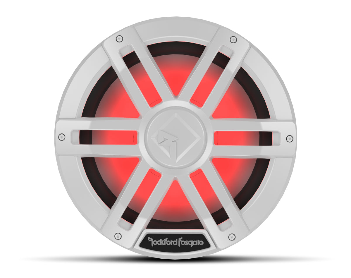 White Rockford Fosgate M1D4-12 12-inch marine subwoofer with RGB lighting