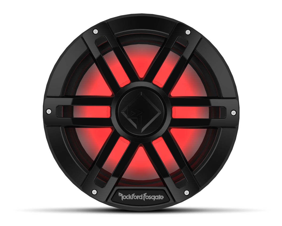 Black Rockford Fosgate M1D4-12B 12-inch marine subwoofer with RGB lighting