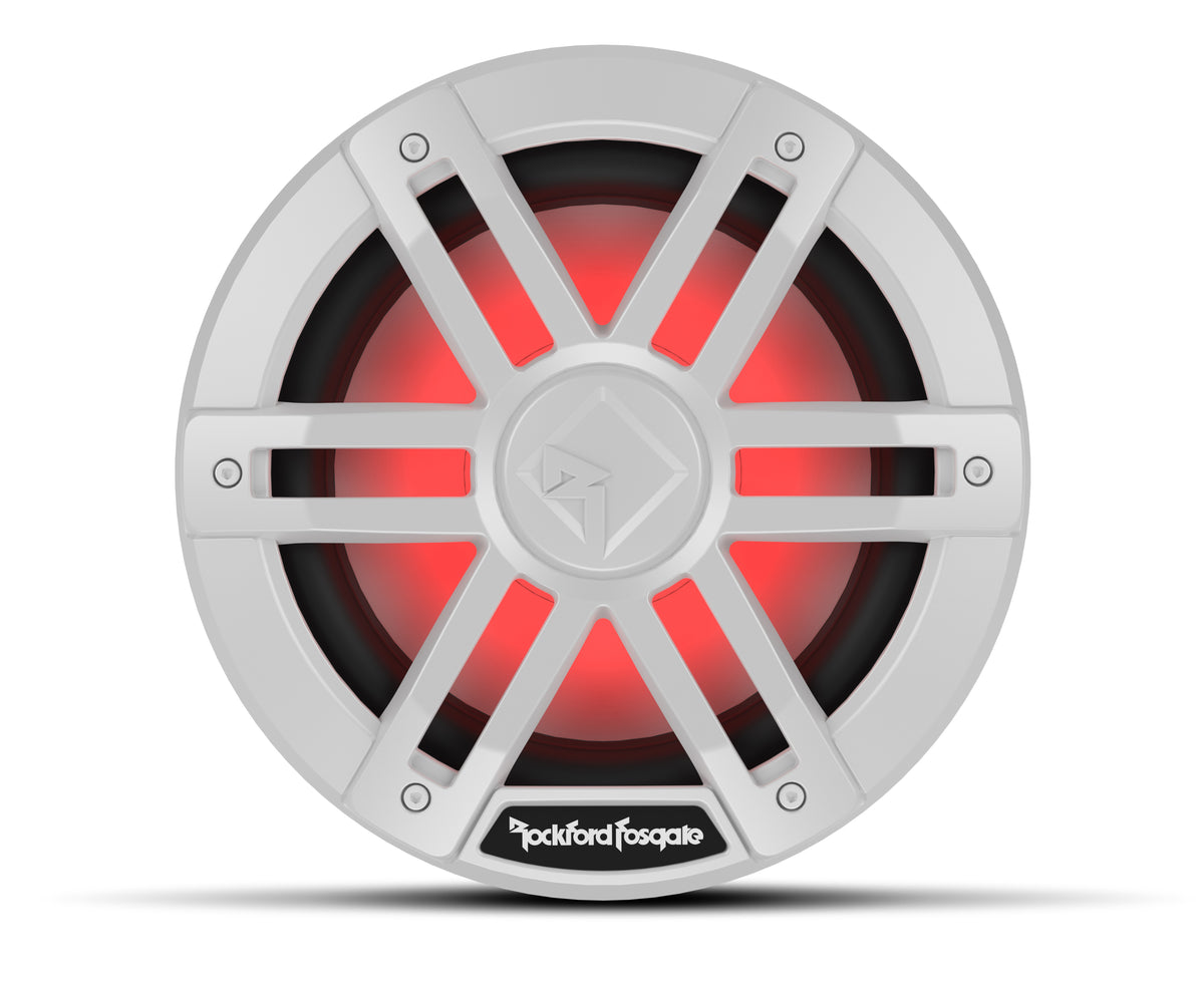 White Rockford Fosgate M1D4-8 8-inch marine subwoofer with RGB lighting