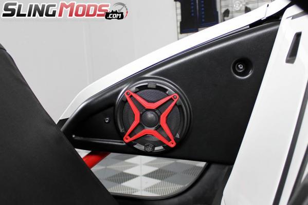 SS-USP65 opposite installed side-panel speaker view shown with optional red grilles; red grilles sold separately, not included