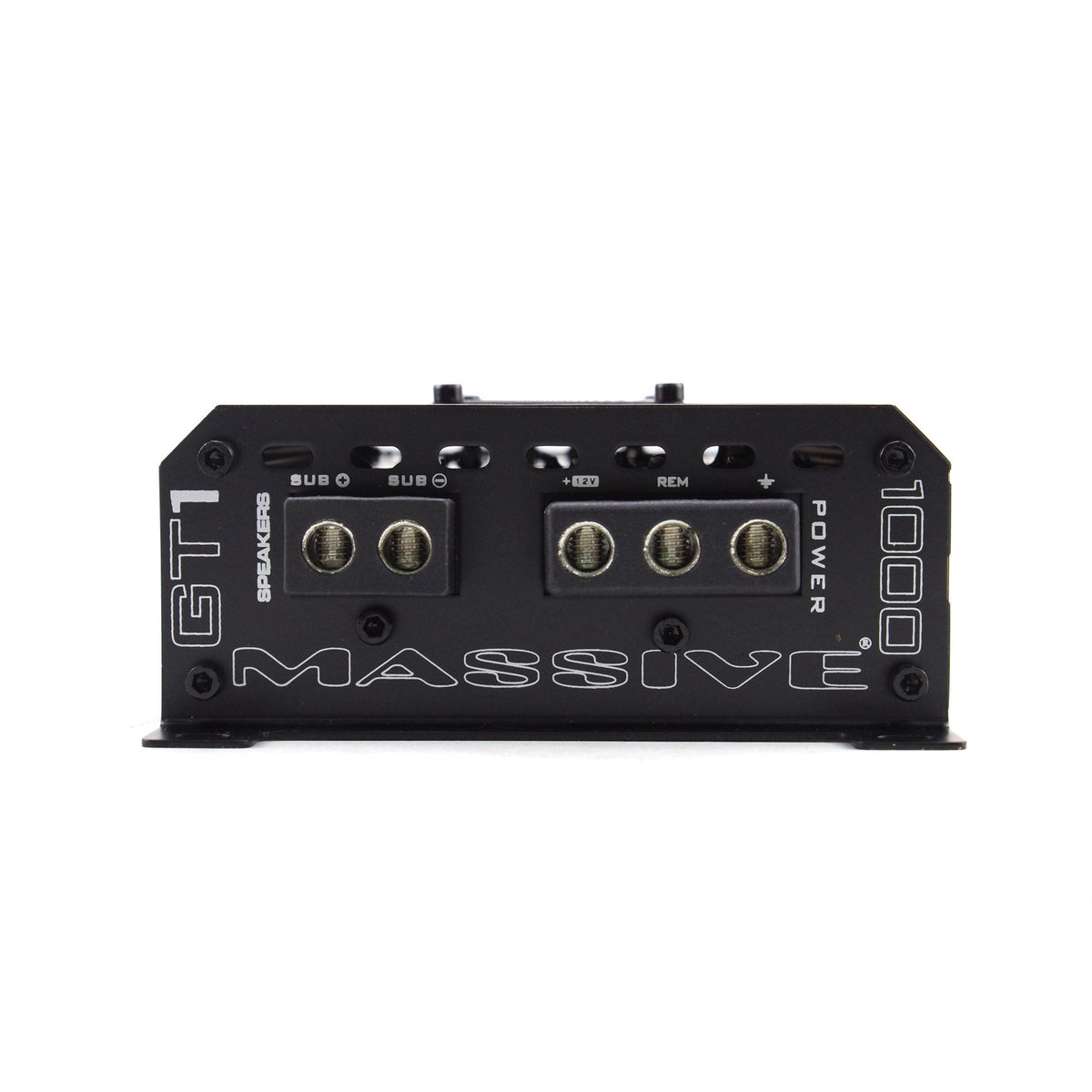Massive Audio GT1 amplifier end panel with subwoofer speaker terminals and power connections