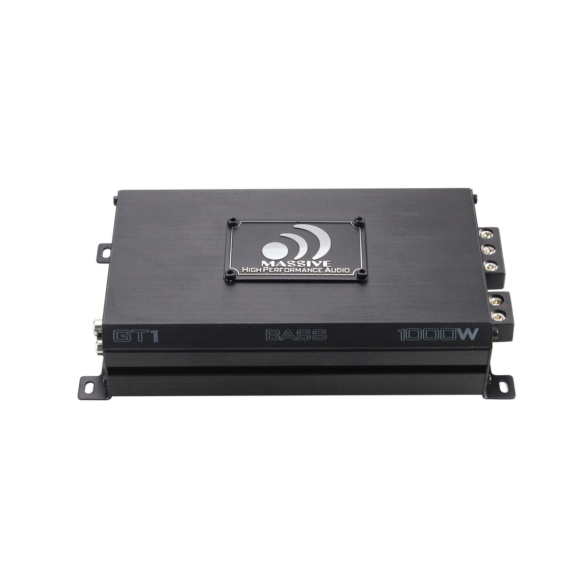 Top of the Massive Audio GT1 amplifier with its Bass and 1000W markings