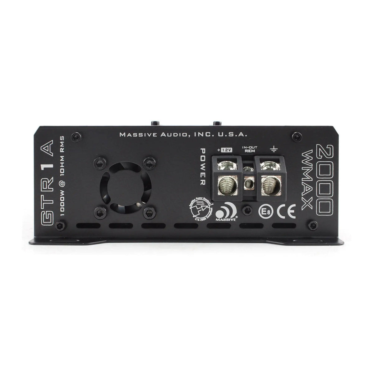 Massive Audio GTR1A power-terminal panel with a circular cooling vent