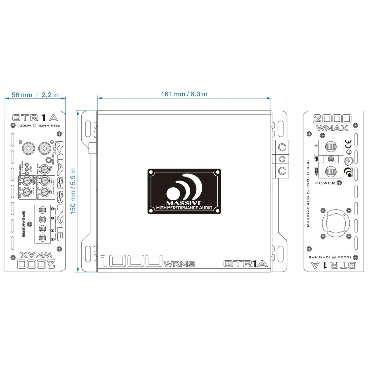 Massive Audio GTR1A dimension drawing showing a 161 by 150 by 56 mm amplifier with control and terminal views