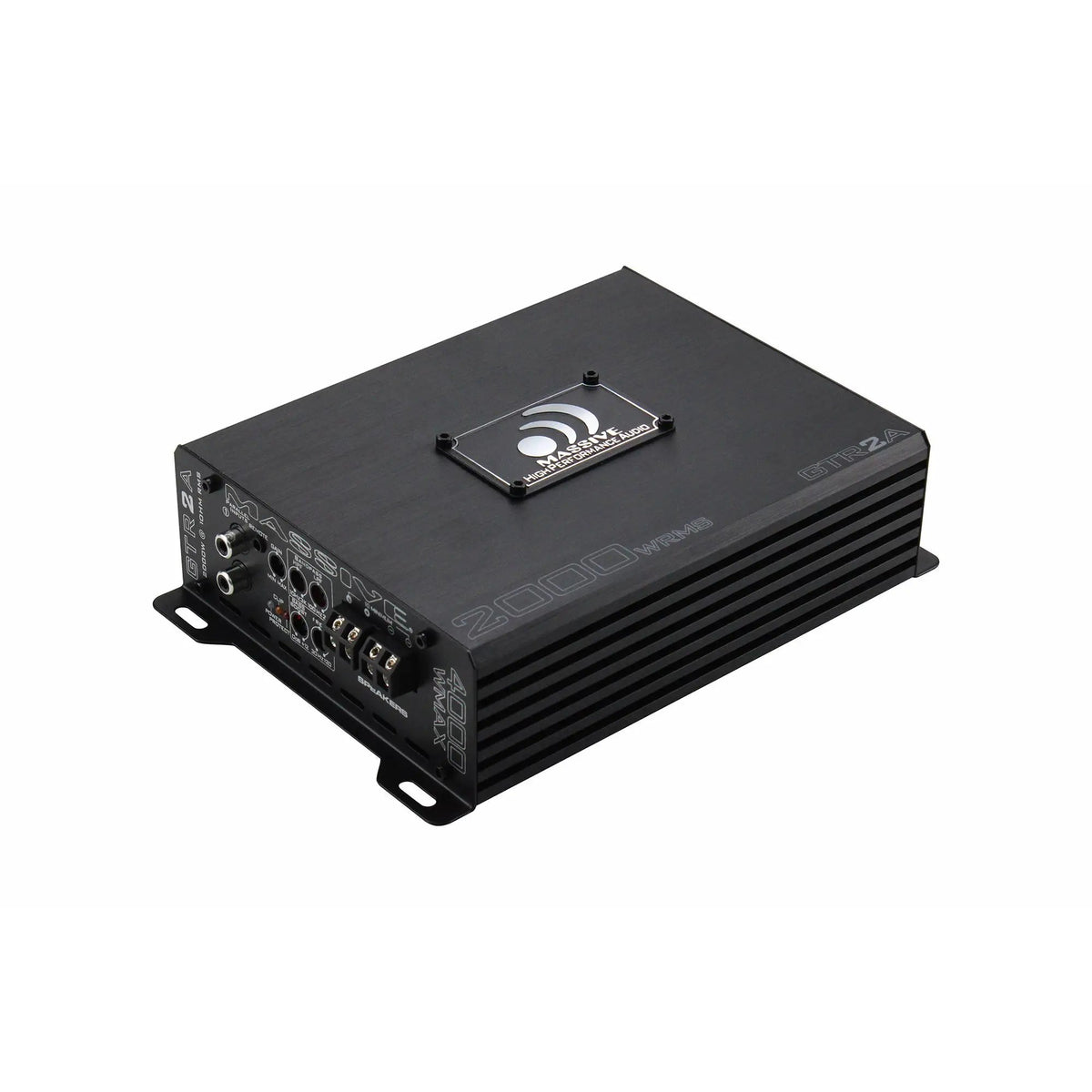 Angled Massive Audio GTR2A amplifier with a finned black housing, logo plate and input-control panel