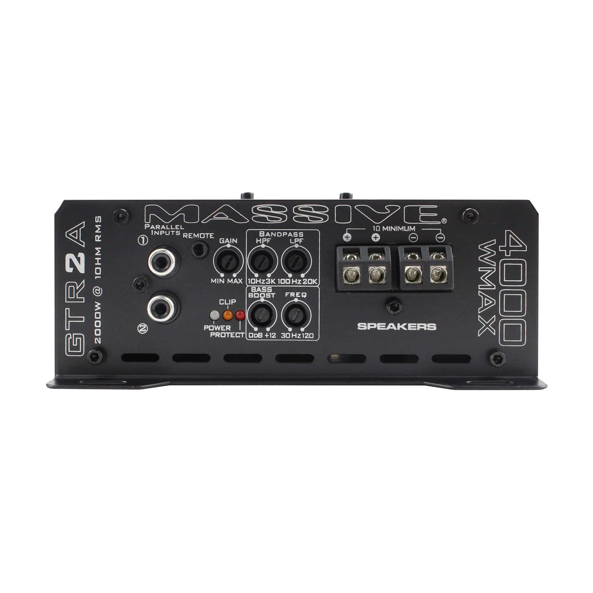 Massive Audio GTR2A panel with parallel RCA inputs, gain and filter controls, remote port and speaker terminals