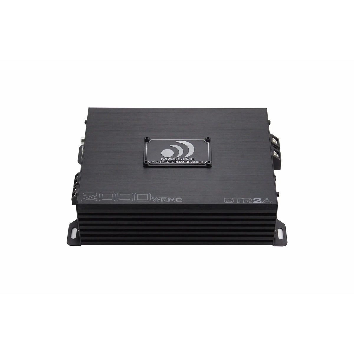 Top of the Massive Audio GTR2A amplifier with its model marking, raised logo plate and finned front edge