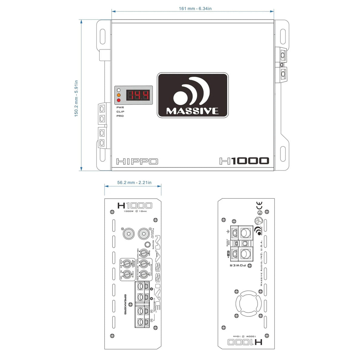 Massive H1000 dimension drawing: 161 by 150.2 mm body, 56.2 mm height, plus input and power-panel layouts