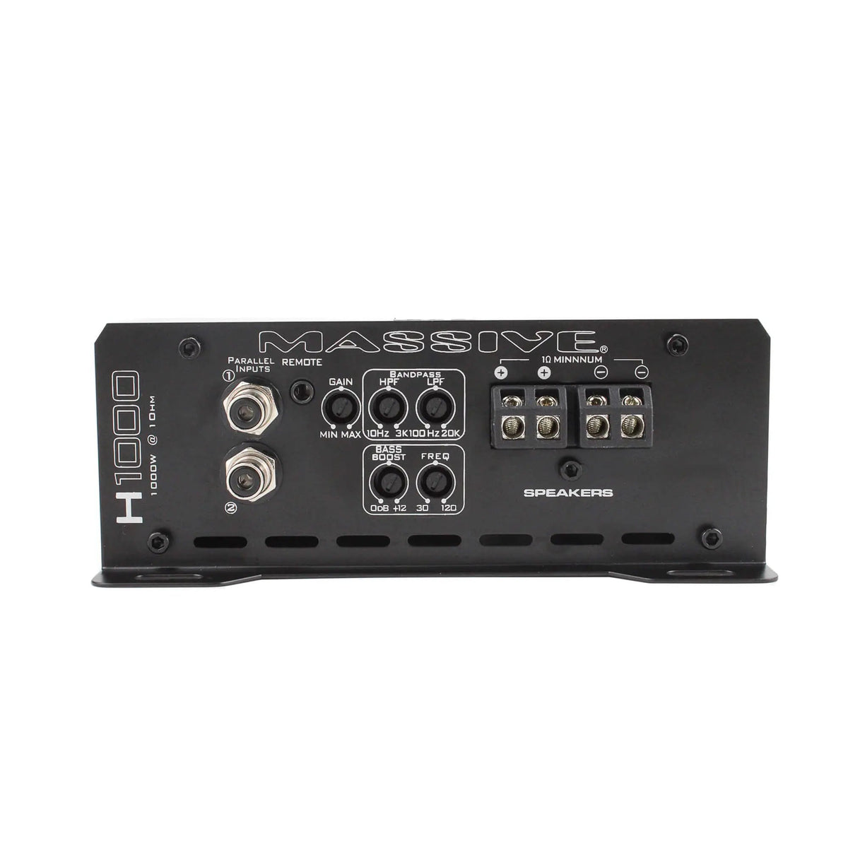 Massive H1000 input panel with RCA sockets, gain and filter controls, remote jack and speaker terminals