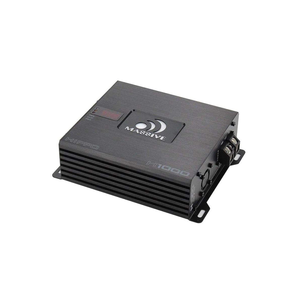 Angled Massive Audio Hippo H1000 amplifier with finned housing and side terminals