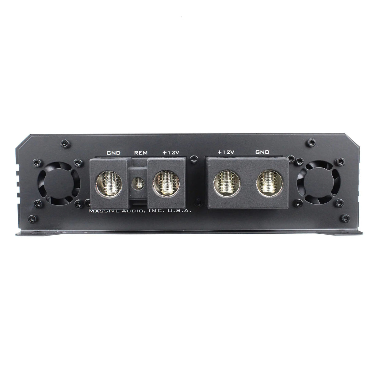Amplifier power-terminal panel with two cooling fans, dual positive and ground connections, and a remote terminal