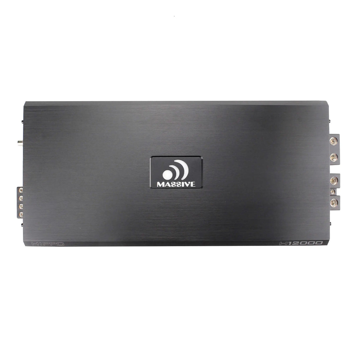 Top view of a long black Massive Audio H12000 amplifier