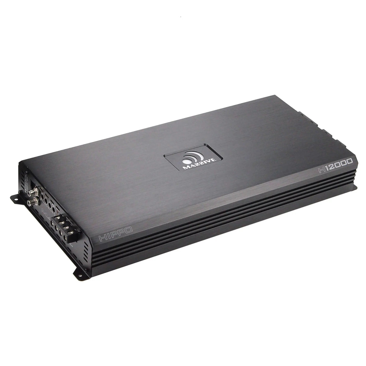 Angled Massive Audio Hippo H12000 amplifier showing its long finned housing and control end