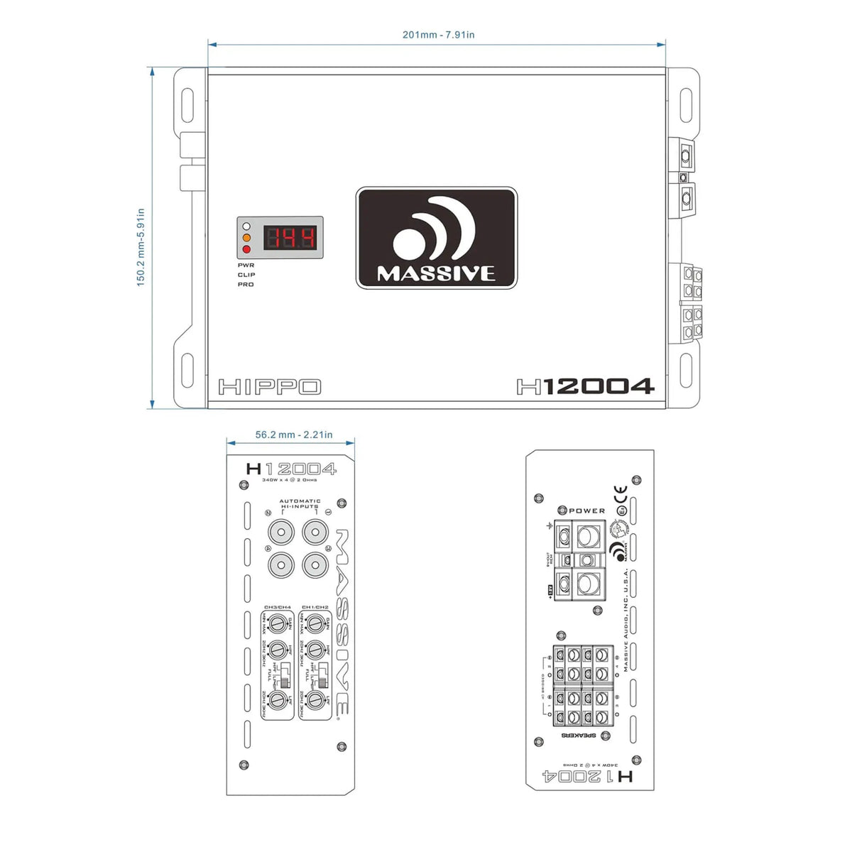 Massive H12004 dimension drawing: 201 by 150.2 mm body and 56.2 mm height, with inputs and terminal layouts