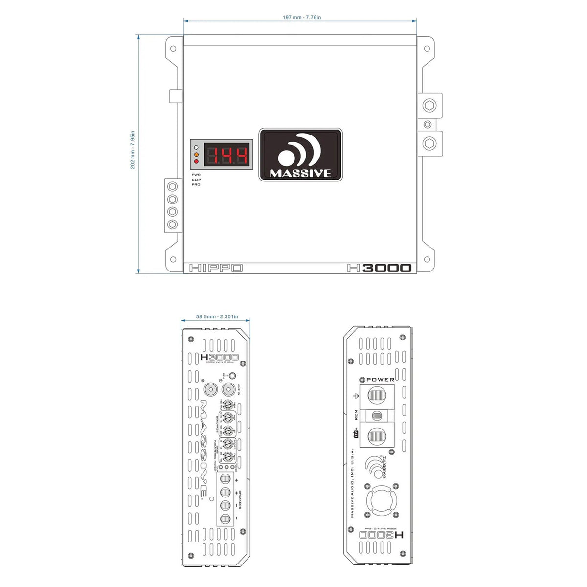 Massive Audio H3000 dimension drawing with top and end views, measuring 197 by 202 by 58.5 mm