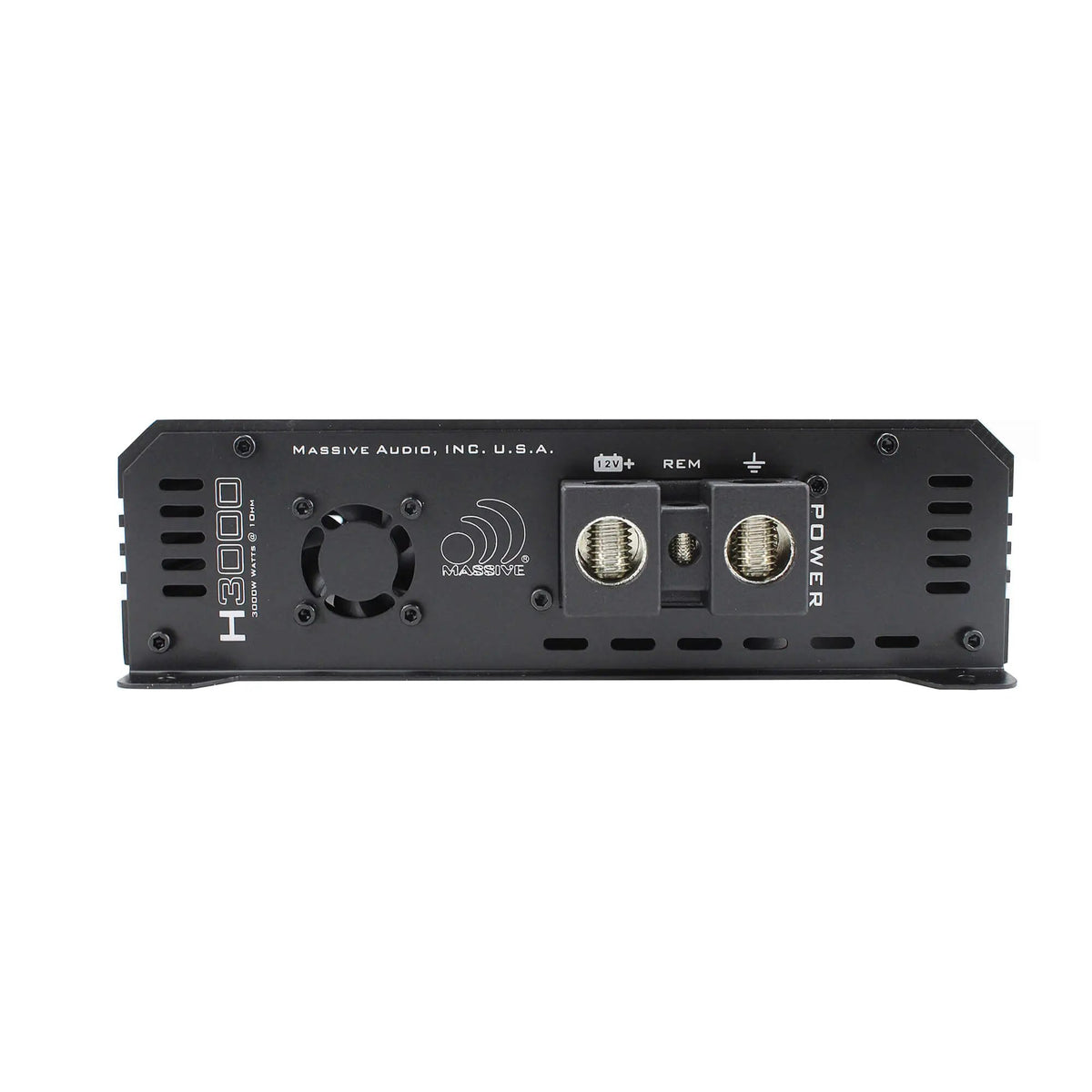 Massive Audio H3000 power connection panel with cooling fan, remote terminal and large power and ground terminals