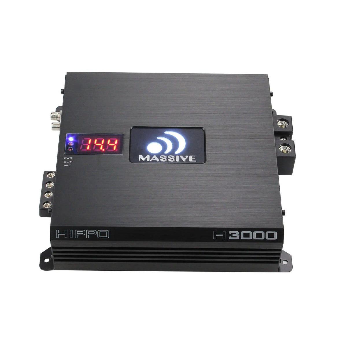 Massive Audio H3000 HIPPO amplifier with an illuminated logo and voltage display, top view