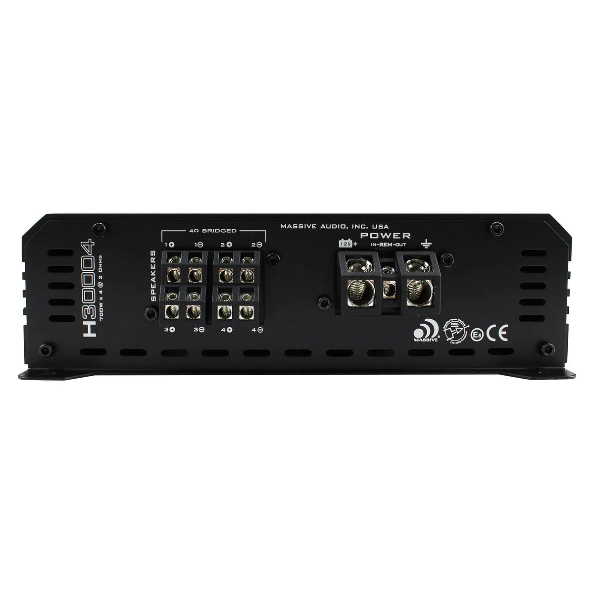 Massive Audio H30004 output panel with speaker terminals and power, remote and ground connections