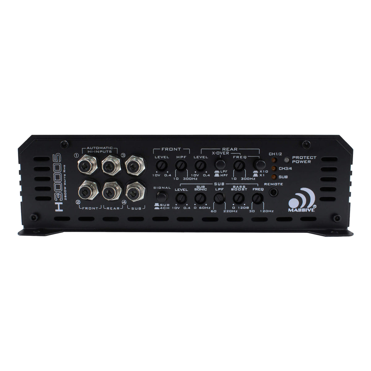 Massive Audio H30005 input panel showing front, rear and subwoofer RCA inputs with separate adjustment controls