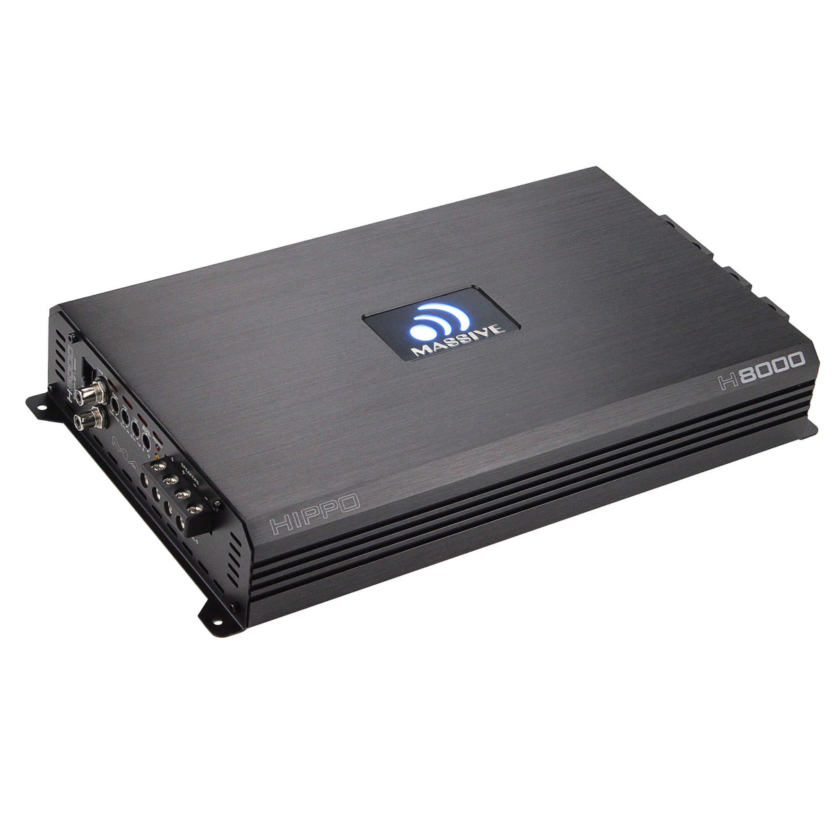 Massive Audio H8000 HIPPO amplifier with an illuminated logo, angled view