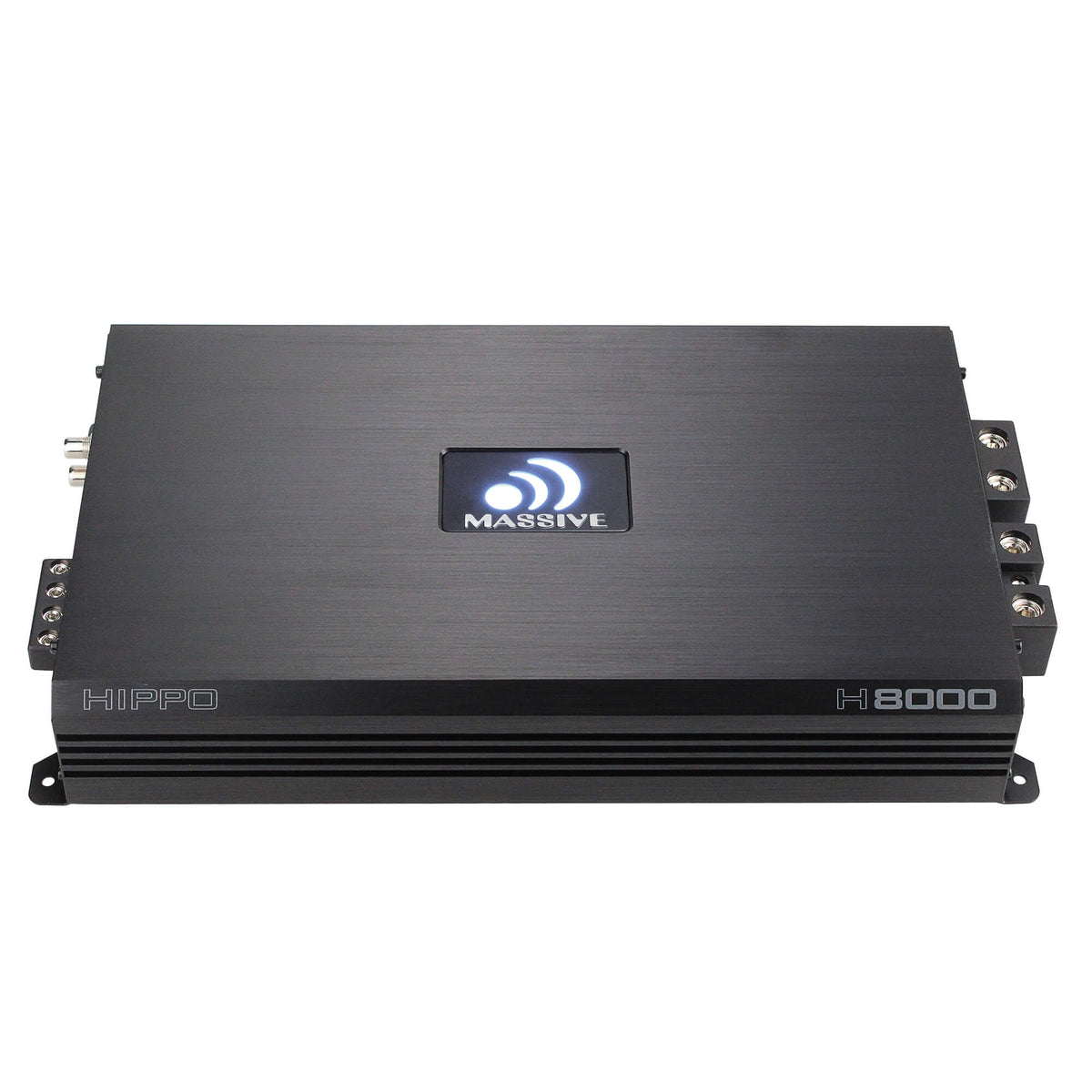 Angled view of a Massive Audio H8000 amplifier with an illuminated logo and cooling fins