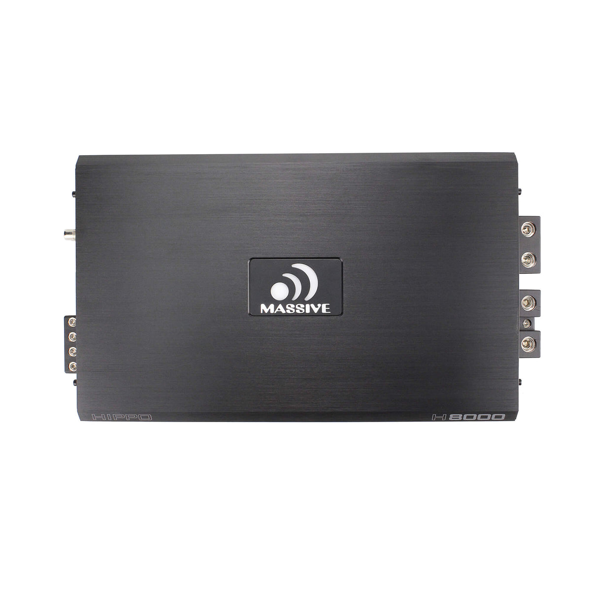 Top view of a black Massive Audio H8000 amplifier with side cooling fins