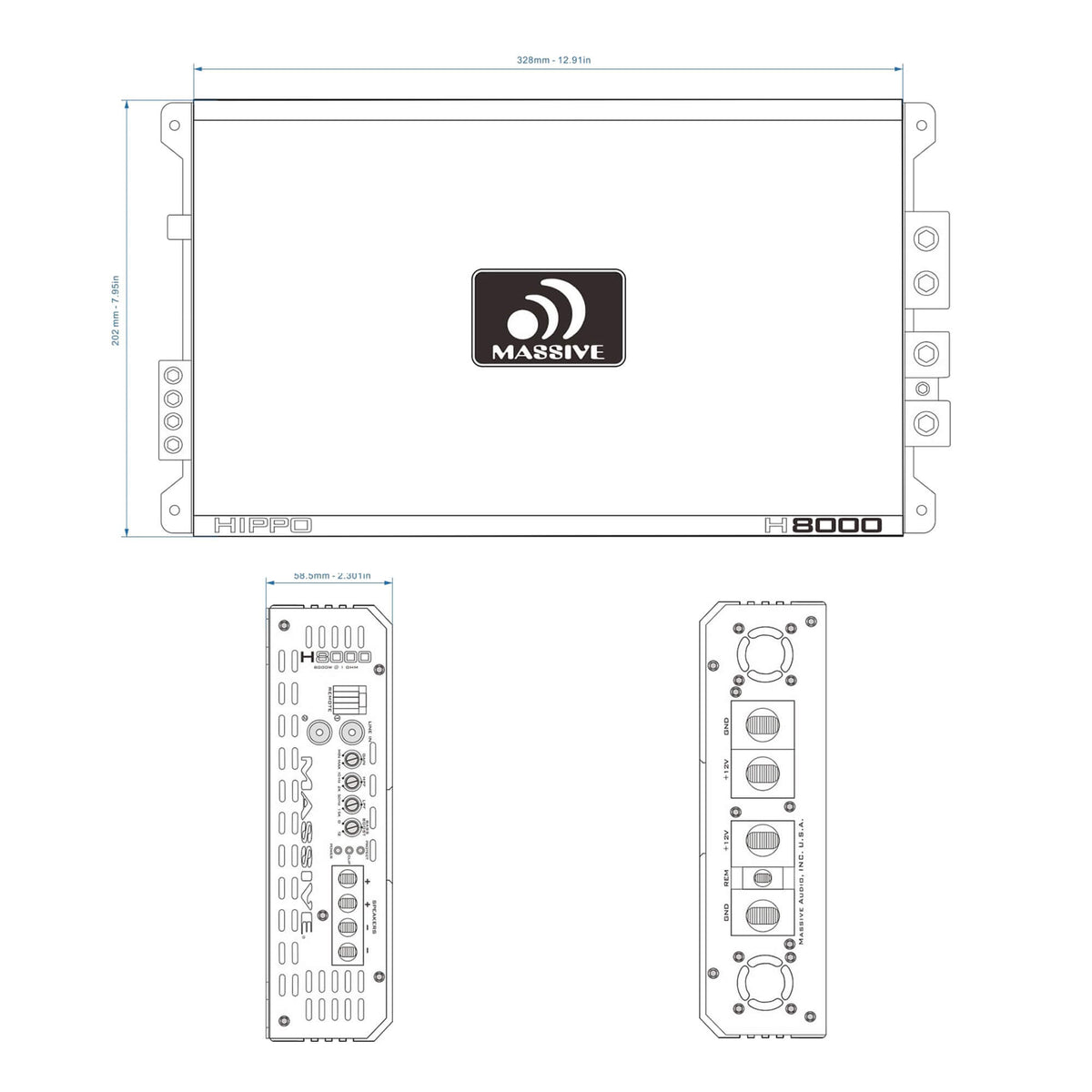 Massive Audio H8000 dimension drawing showing a 328 by 202 by 58.5 mm amplifier chassis