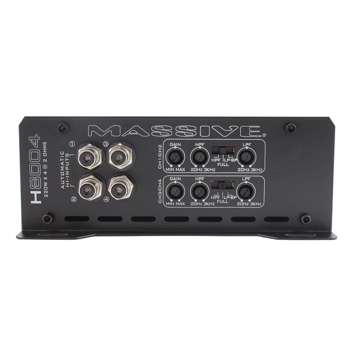 Massive Audio H8004 input panel with four RCA sockets and separate channel filter and level controls