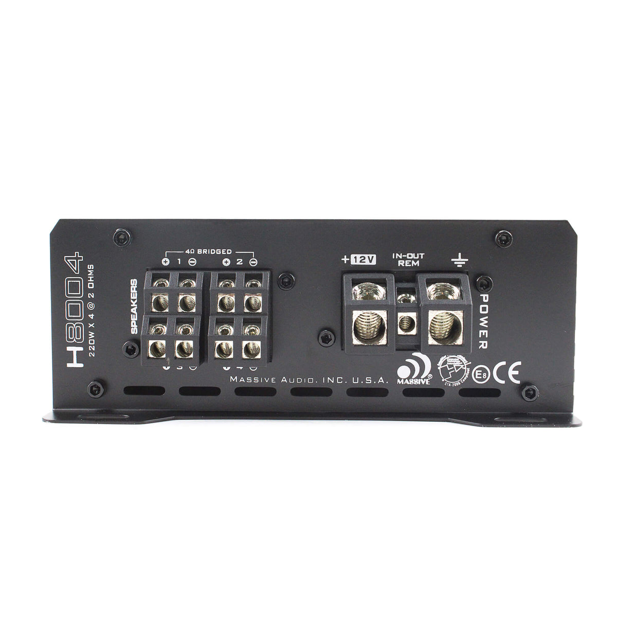Massive Audio H8004 terminal panel showing four speaker channels, bridged-pair markings and power connections