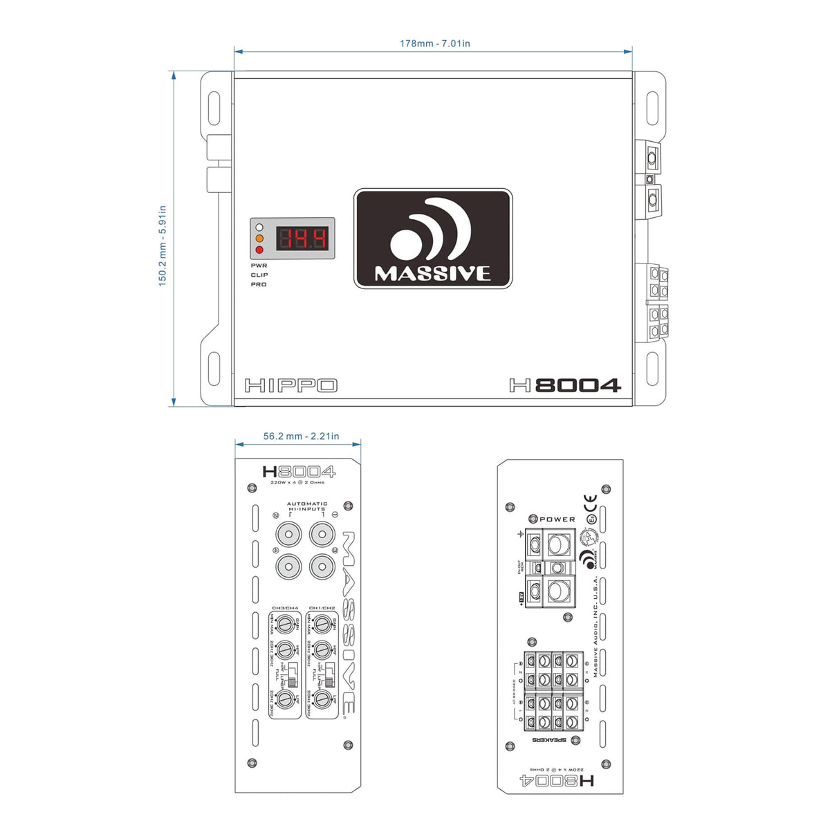 Massive Audio H8004 dimension drawing with top and end views, measuring 178 by 150.2 by 56.2 mm