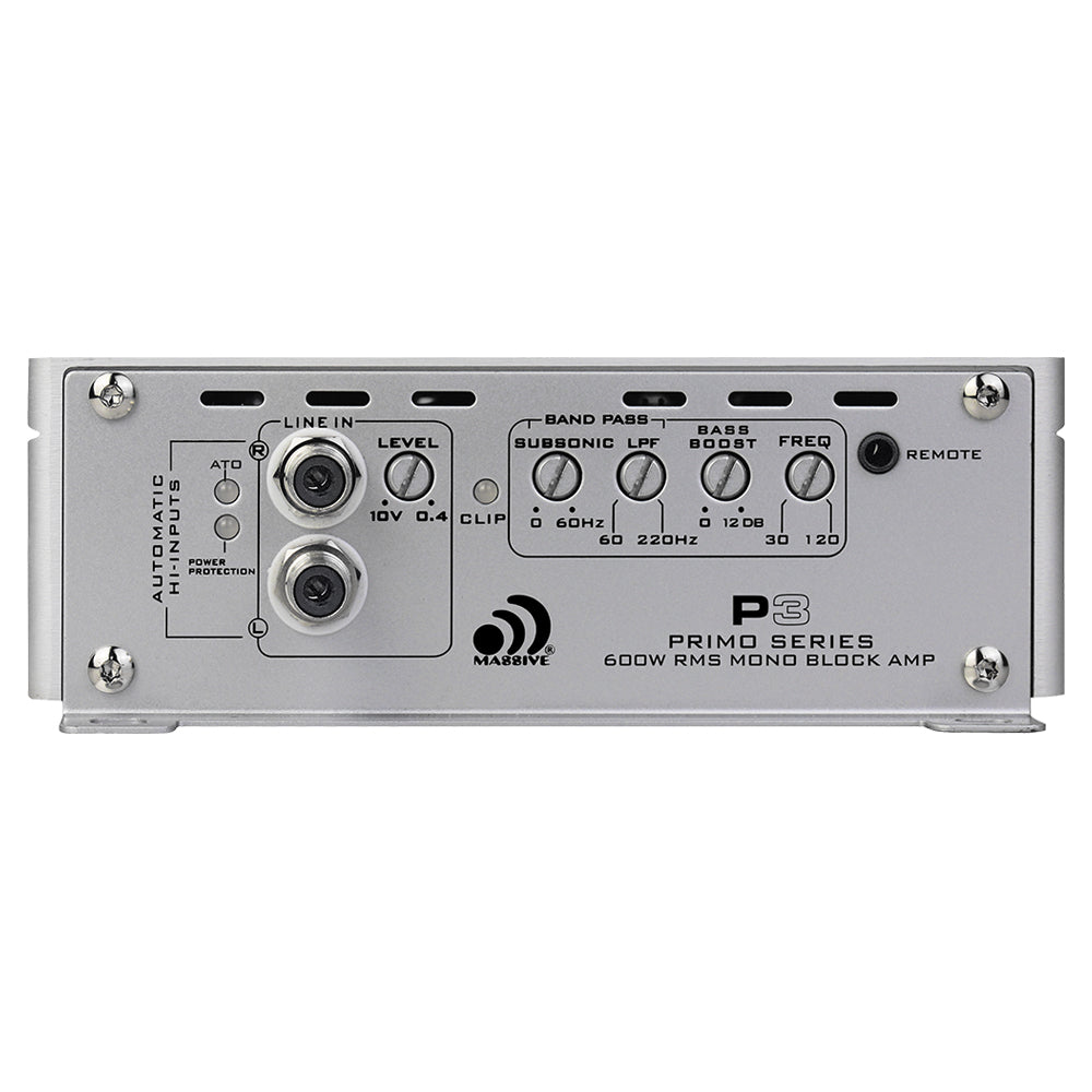 Massive Audio P3 Primo input panel with RCA input and output jacks, band-pass and bass controls, and a remote socket