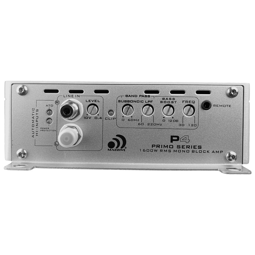 Massive P4 input panel with RCA sockets, level, band-pass and bass-boost controls, and remote jack