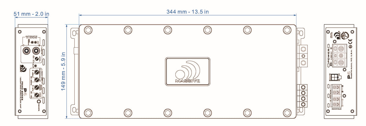 Massive P4 dimension drawing: 344 by 149 mm body and 51 mm height, with control and terminal panels