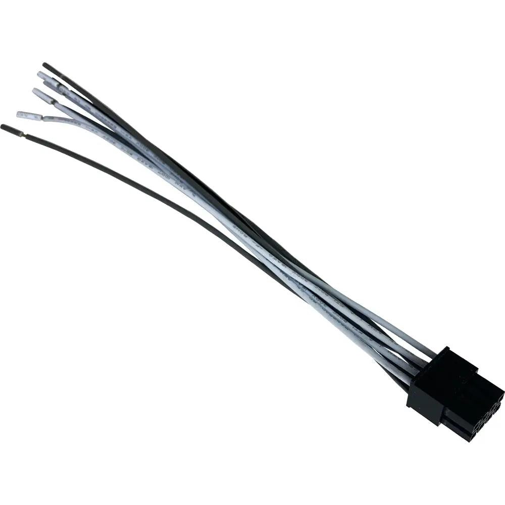 Black rectangular wiring plug with long gray and black leads and exposed wire ends