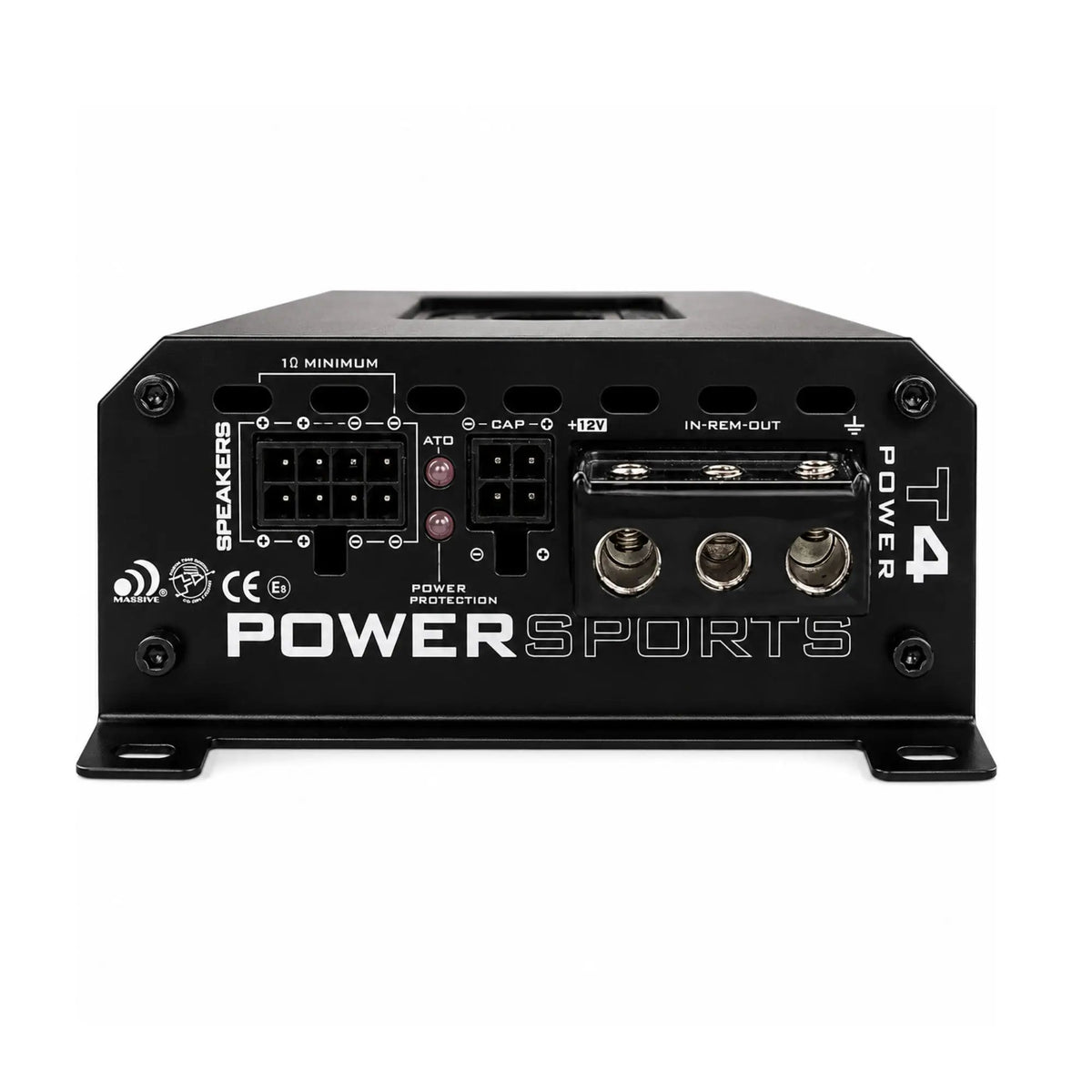 Massive T4 amplifier end panel with speaker terminals, power inputs and ground-lift switch