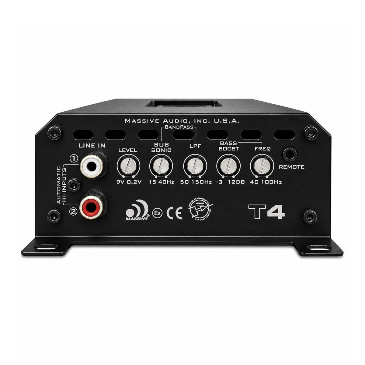 Massive Audio T4 input panel with RCA sockets, remote port and level, subsonic, low-pass and bass-boost controls